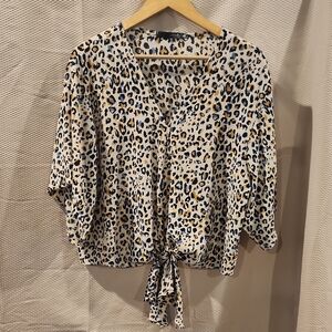 Ariella Short Sleeve Tie-Front Leopard Print Top in White, Black & Yellow